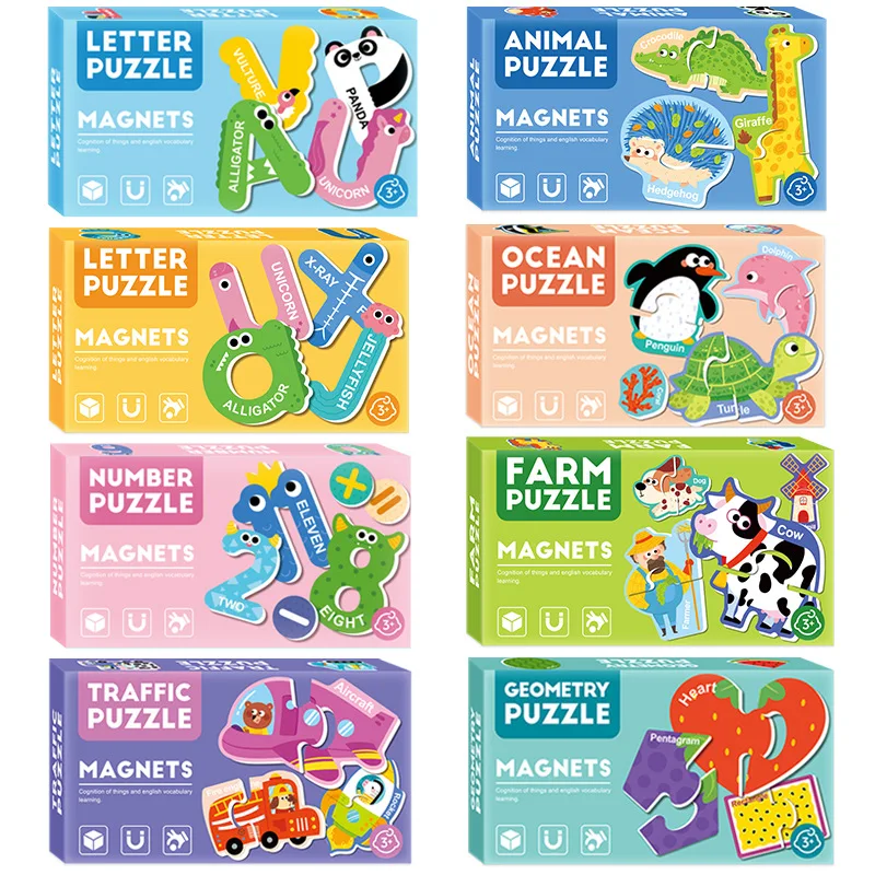 Magnetic puzzles Games Refrigerator Stickers Cartoon Letters Numbers Animal Vehicle Cognitive Matching Puzzle Educational Toys