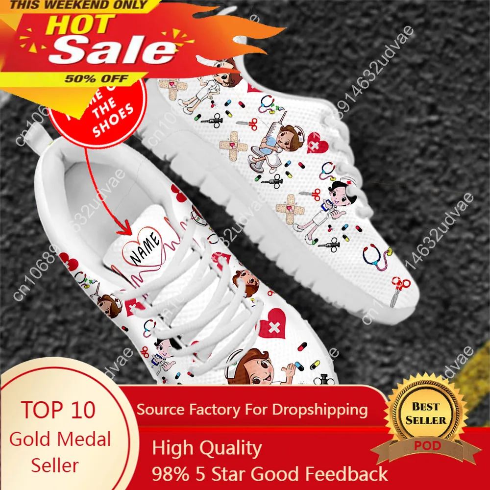 Custom Name Nurse Shoes Mesh Flat Sneakers for Women's Cute Cartoon Premium Sketch Physio Design Breathable Footwear