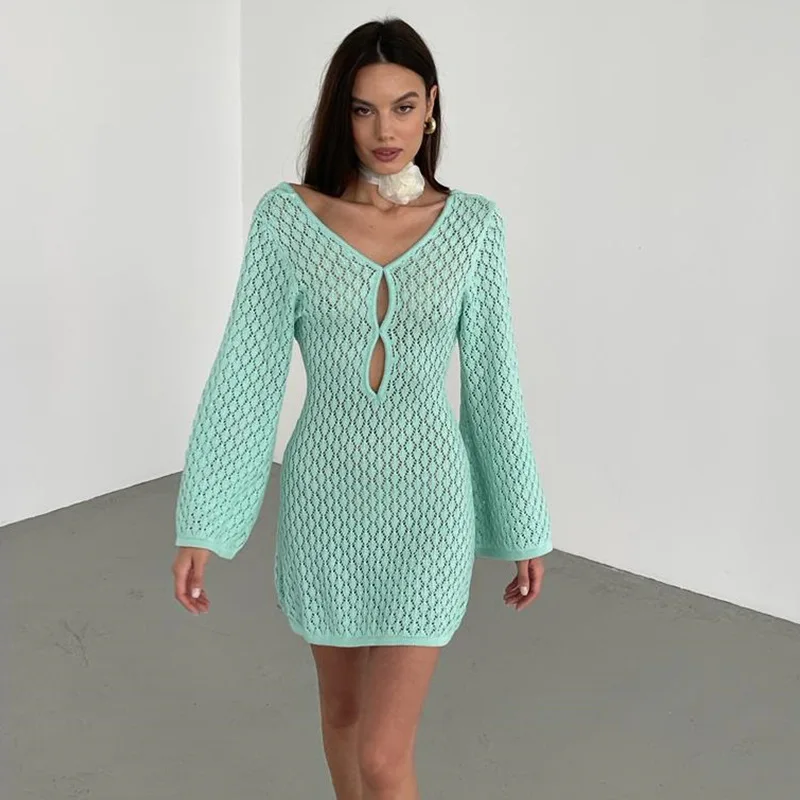 

Mint Green Beach Dress for Women Sexy See Through Backless Knitted Mini Dresses Summer Elegant Long Sleeve Bikini Cover Up 2024