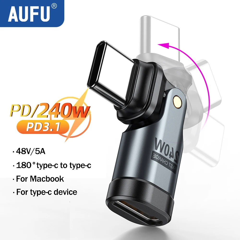 AUFU 5A USB-C to Type-C OTG Adapter 240W 180&deg; Fast Charging Cable Adapter Type C Male To Female Converter For Macbook PC Samsung