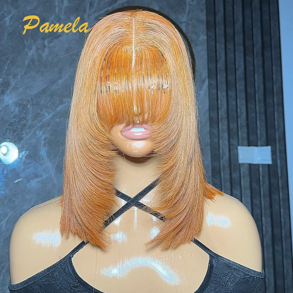 Ginger Orange Short Bob Bone Straight 13x4 Transparent Lace Frontal Glueless Human Hair Wigs With Bang Preplucked Ready To Wear