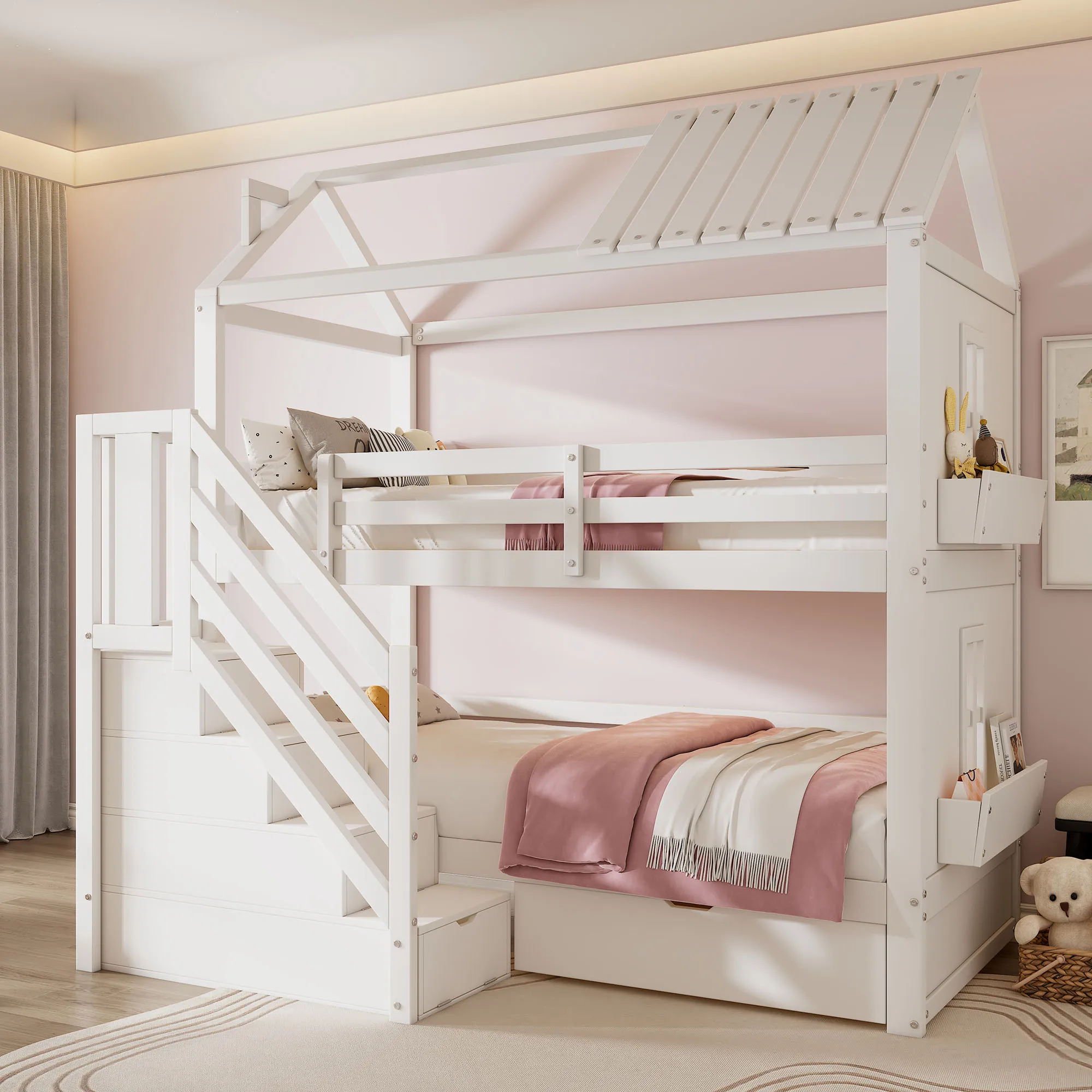 KOMHTOM multifunktionales Kinderetagenbett 90x200cm aus Kiefernholz und MDF mit Stauraumtreppe Schubladen ohne Matratze – Detail 1