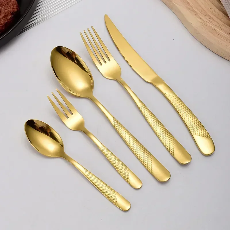 

Steak Dinnerware Set Flatware Stainless Gold Western Fork 30pcs Steel Spoon Luxury Cutlery Knife Tableware