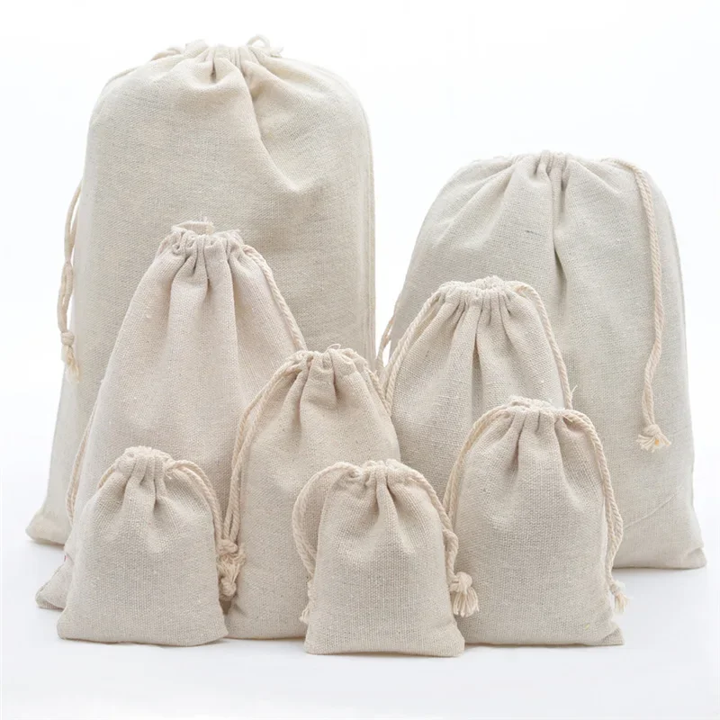 1pc (8x10cm-30x40cm) Reusable Cotton Drawstring Gift Bag Wedding Christmas Use Sachet Storage Charms Jewelry Packaging Linen Bag