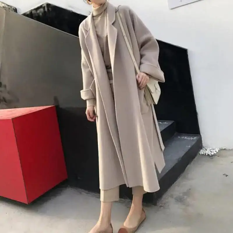 

2023 Winter Women Wool Blend Korean Brand Coats New Elegant Vintage Woolen Black Long Overcoat High Quality Thick Camel Oversize
