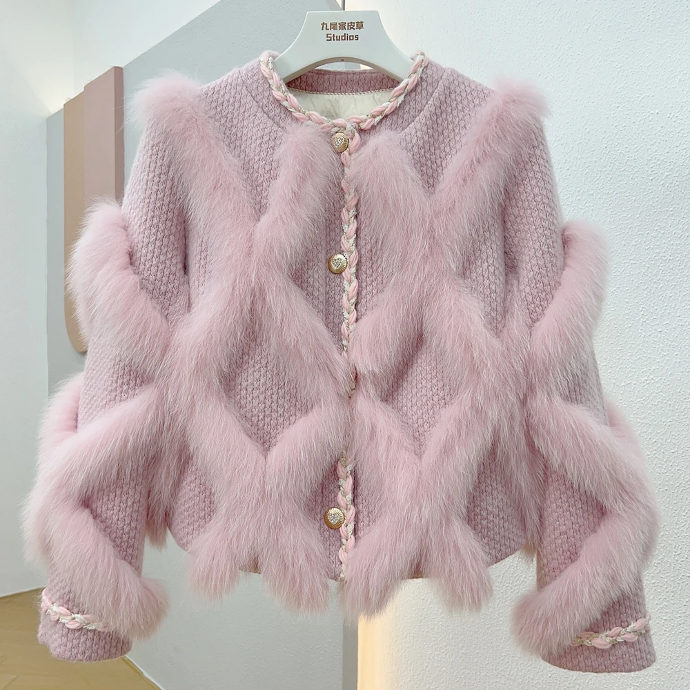 

2023 New Fashion Real Fur Coat Winter Jacket Women Natural Fox Fur Fluffy Weave Knitted Sweater Single Breasted Streetwear