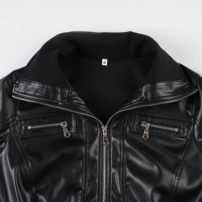 Short Fit-waist PU Jacket in Spring Autumn Motorcycle Style Retro Style Spliced Versatile Outerwear for Fashion-forward Women