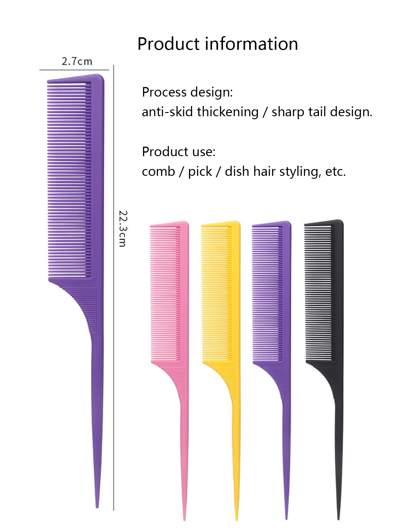 Plastic Hair Comb Fine Teeth Anti-static Ponytail Comb Salon Hair Styling Tool For Real Wigs