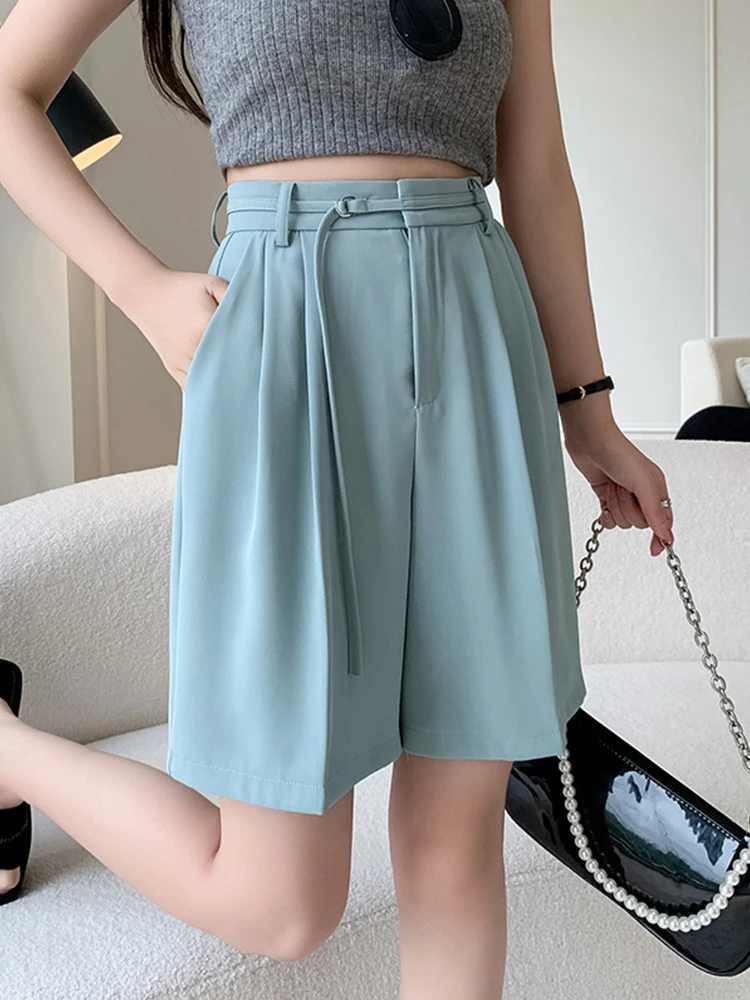 

FTLZZ Summer Office Lady Sash Tie Up Solid Tailored Shorts Elegant Women Wide Leg A-line Shorts Fashion High Street Shorts