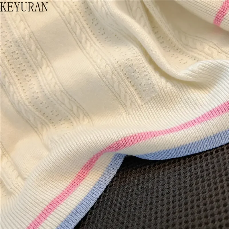 Polo Collar White Pullover Sweater Women Knitted T-Shirt Spring Summer 2023  Loose Casual Short Sleeve Knitwear Tops Woman Tees