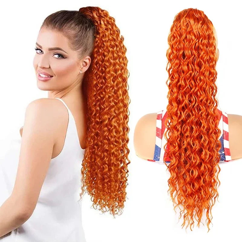Long Curly Ponytail Hair Extensions 22inch Drawstring Clip in Ponytail Orange Synthetic Water Wave Fake Tail for Women synthetic hair extensions