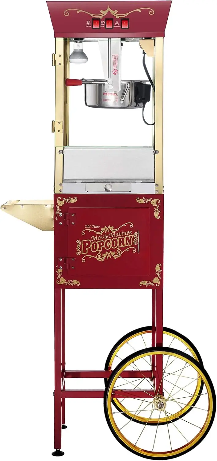 Popcorn Machine with Cart 8oz Popper with Stainless-Steel Kettle Warming Light and Accessories by Great Northern Popcorn Red