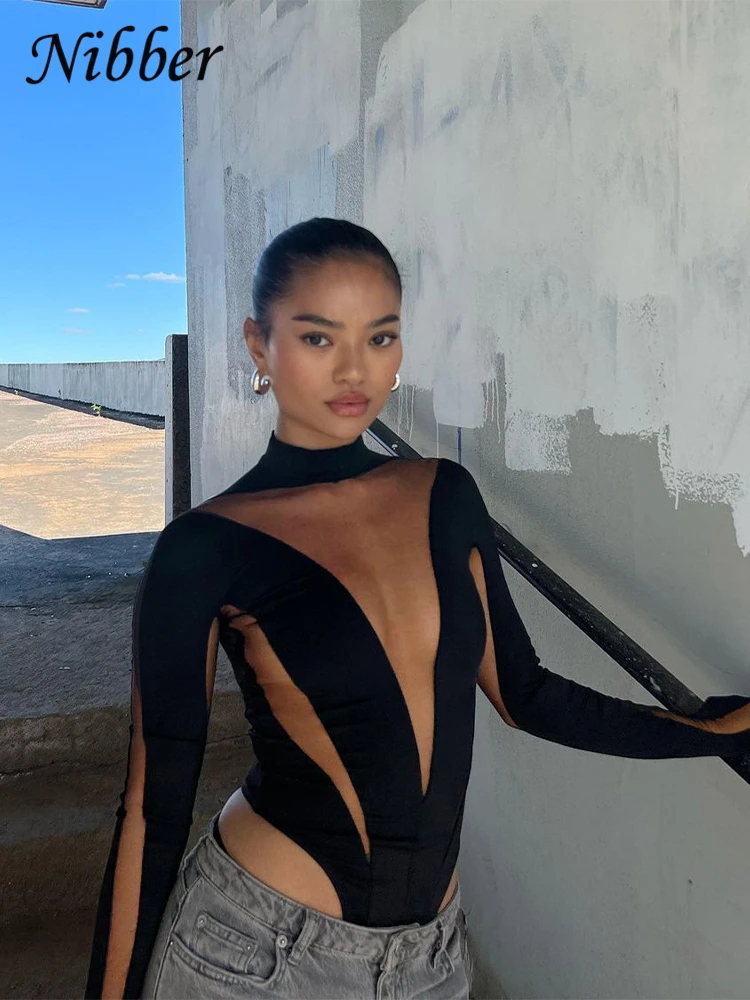 Nibber Sexy Mesh Patchwork Bodysuit Women See Through Long Sleeve Black Elastic Slim Female One Piece Midnight Outfits Clothing