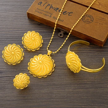 Fashion 24K Gold Plated Ethiopian Big Size Earrings/Pendant/Ring Jewelry Sets Gold Plate Africa Bride Wedding Eritrea Set Gift 1