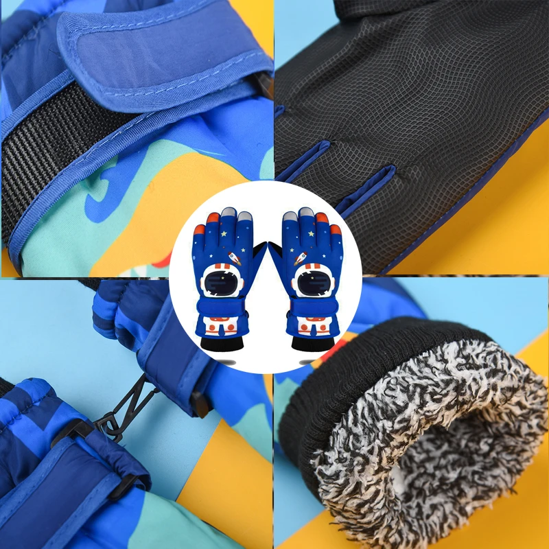 6-12Y Children Ski Gloves Kids Winter Snowboard Snow Warm Glove Boys Girl Waterproof Thicken Mittens Keep Finger Warm cartoon 2
