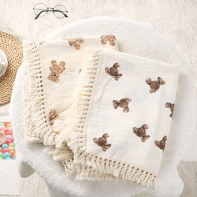 

Cute Bear Muslin Squares Cotton Baby Blanket for Newborn Plaid Infant Swaddle Blanket Babies Accessories Bed Summer Comforter