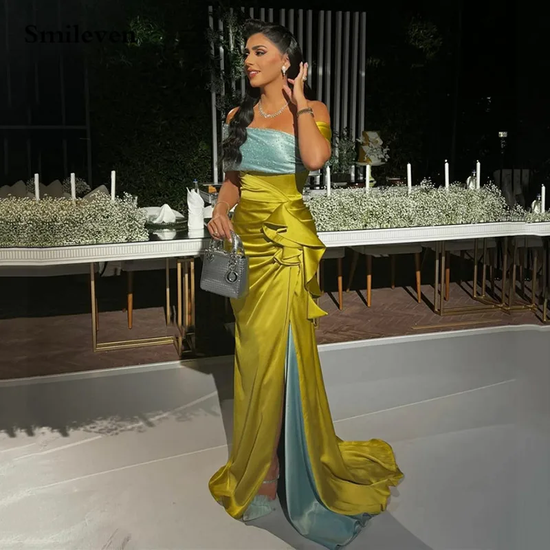 

Smileven Hit Color Satin Mermaid Evening Dresses Sleeveless Saudi Arabic Prom Party Dress Ankle Length Formal Occasion Dresses
