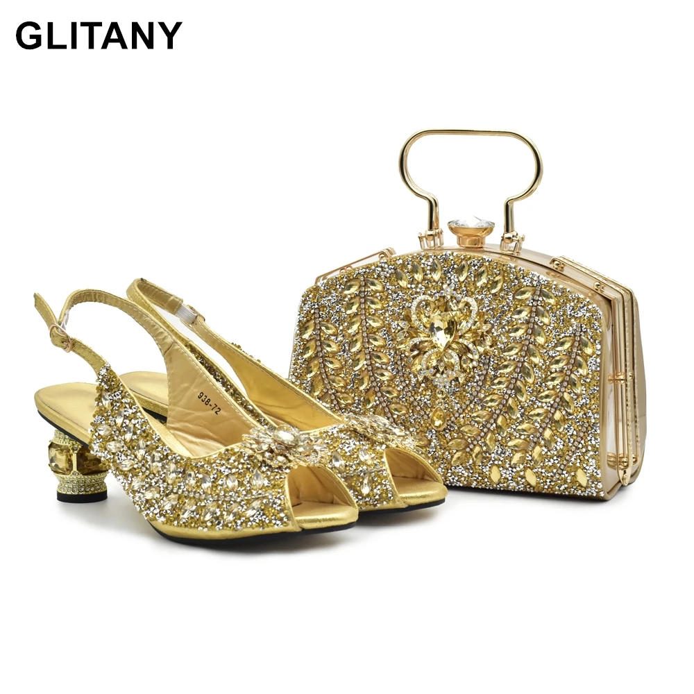 

New Fashion Womens Matching Shoe and Bags Set Decorated with Rhinestone Elegant Party Pumps with Purse Wedding Shoes Bride
