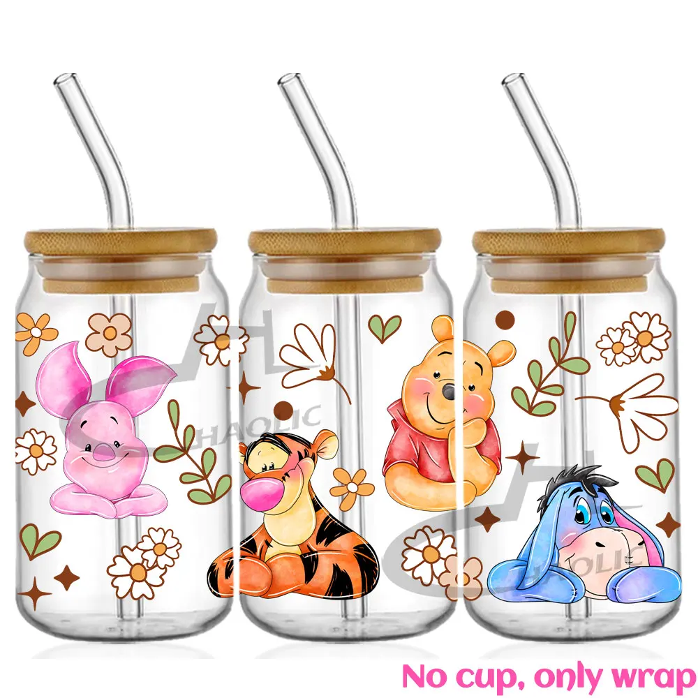 Cute Winnie UV DTF Cup Wrap 16oz Libbey Glass Can DIY Sticker Self-adhesive Washable Transfer Stickers