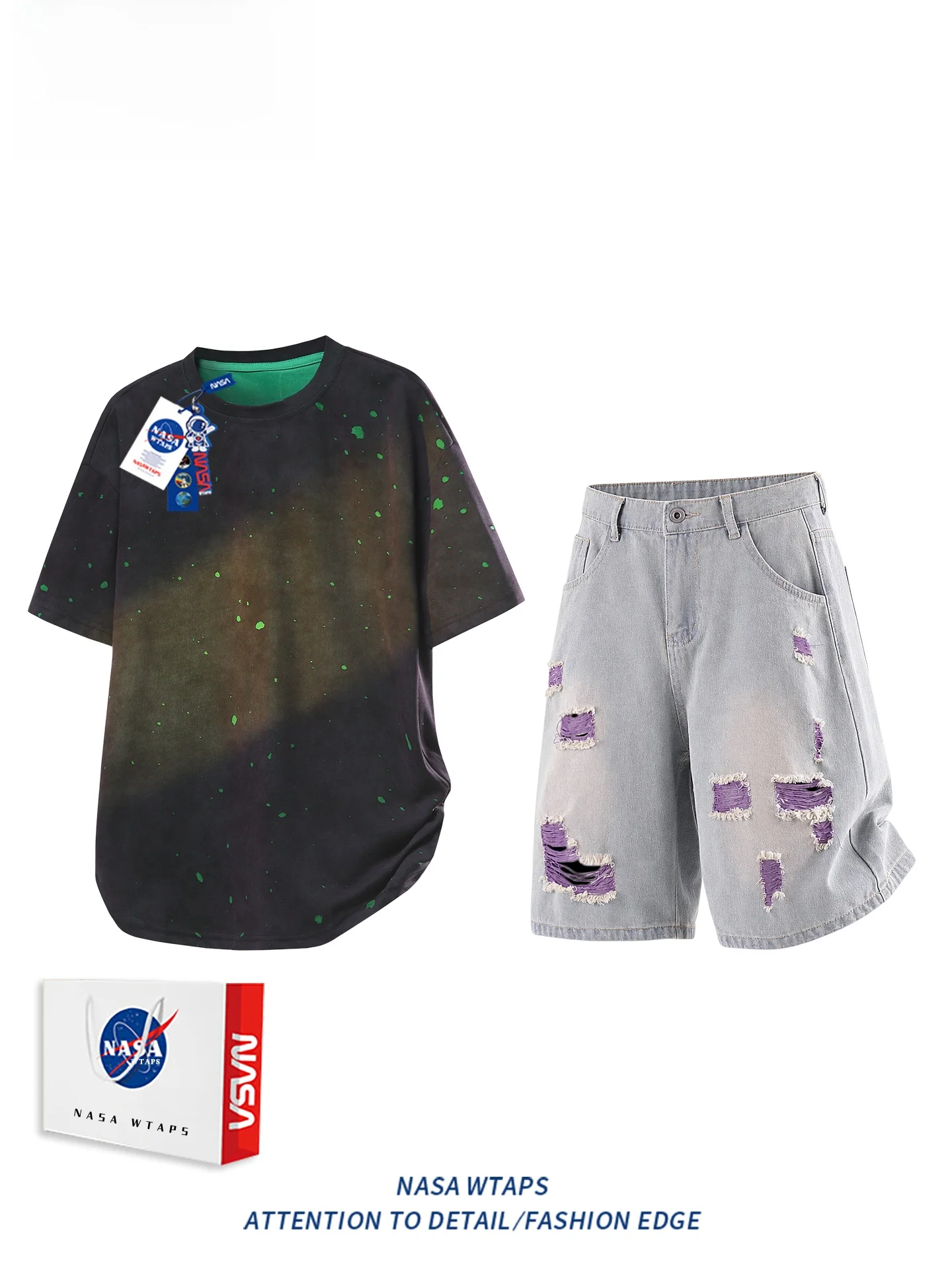 WTAPS 아메리칸 캐주얼 스포츠 세트 남성 여름 염색 홀 디자인 반팔 티셔츠 청반바지 투피스 세트 청소년용 면 폴리에스터