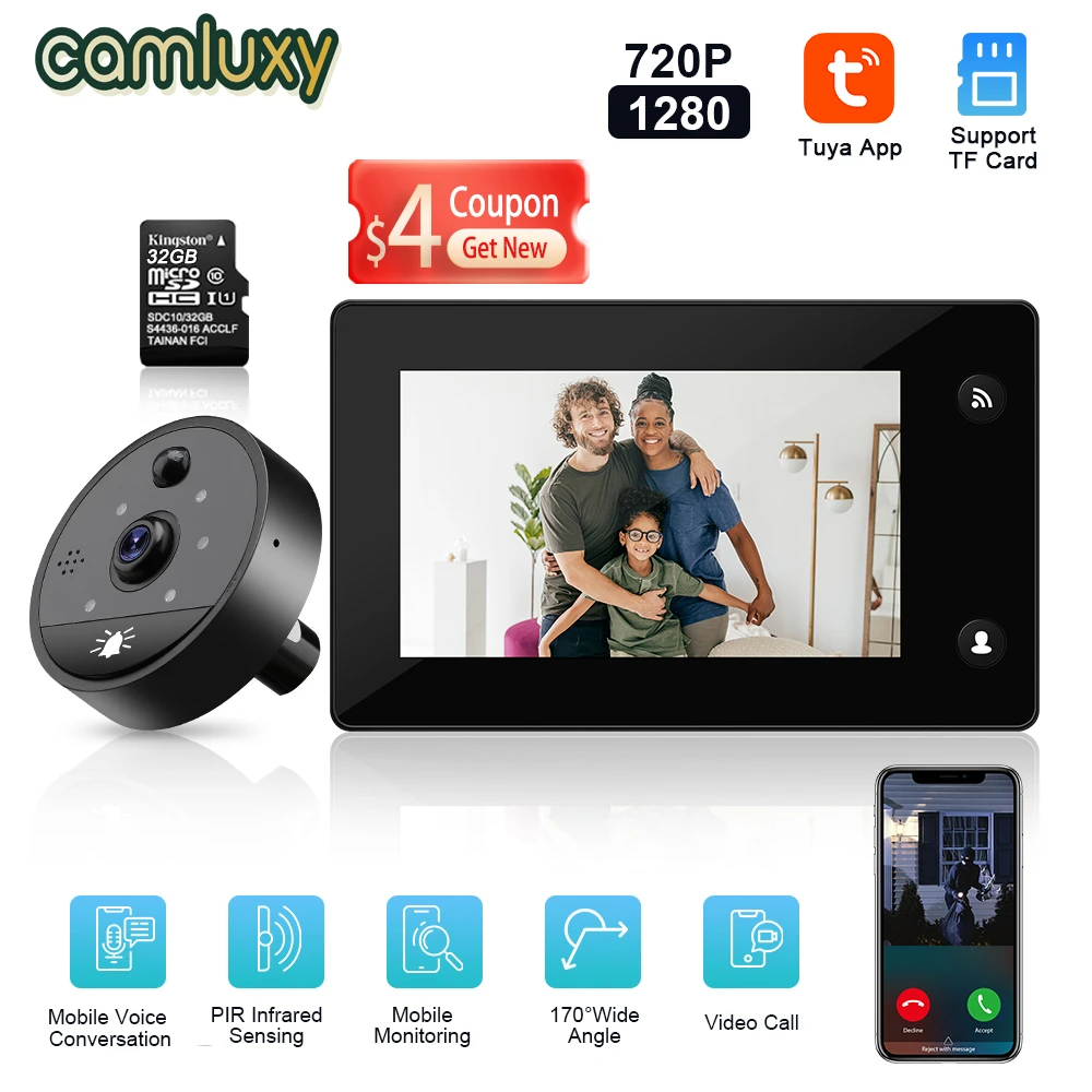 Camluxy 4.3 Inch Tuya Wifi Peephole Doorbell Camera 170° Night PIR