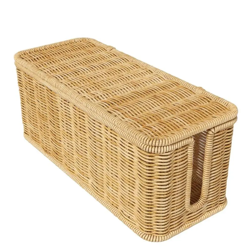 New 2 Open Slots Cable Management Box with Lid Handwoven Cord Organizer Hider Box Imitation Rattan Box Desk Storage Box