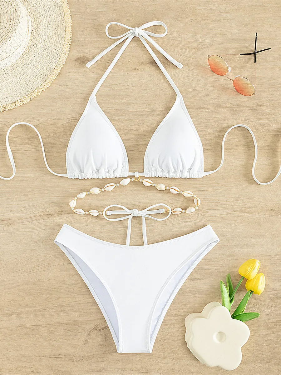 Sexy High Waist Bikini Set Decorated with Seashell Swimsuit Women Black White Criss Cross Push Up Bathing Suit Swimwear 2024 - Image 5