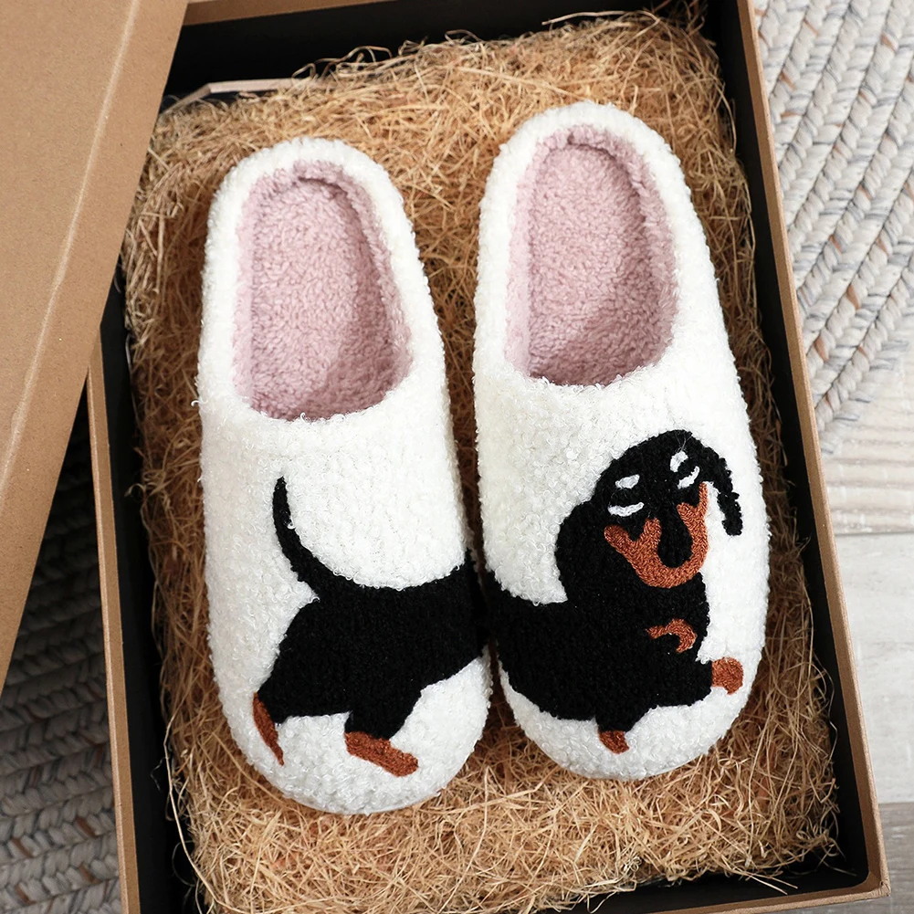 Plush Dachshund Slippers Closed Toe Slippers Anti Slip Warm Slip-on House Shoes Flat Thermal Slippers for Outdoor Indoor Bedroom