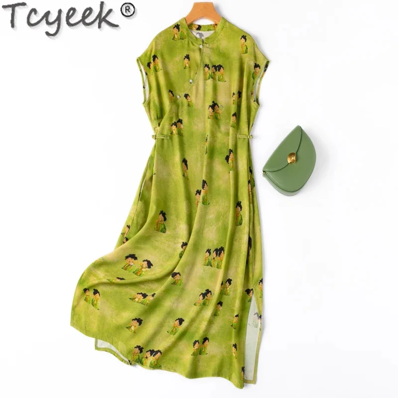 

Spring Tcyeek Summer 70% Mulberry Silk Elegant es for Women Stand Collar Cotton Womens Clothing Split Dresses