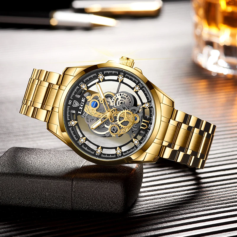 LIGE Gold Skeleton Retro Luxury Men's Wristwatch