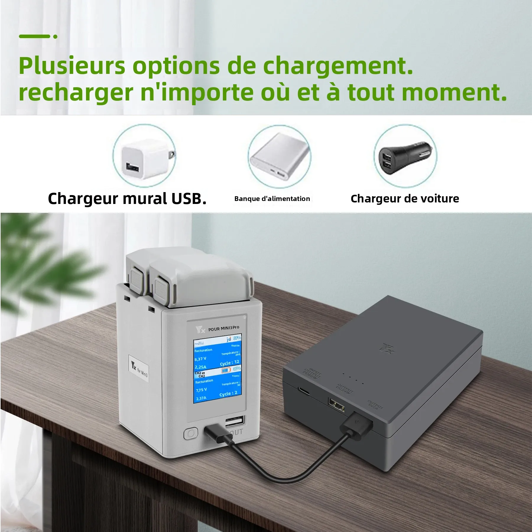 Chargeur Batterie Drone Double avec Écran LCD, 2 Slots, QC3.0 PD