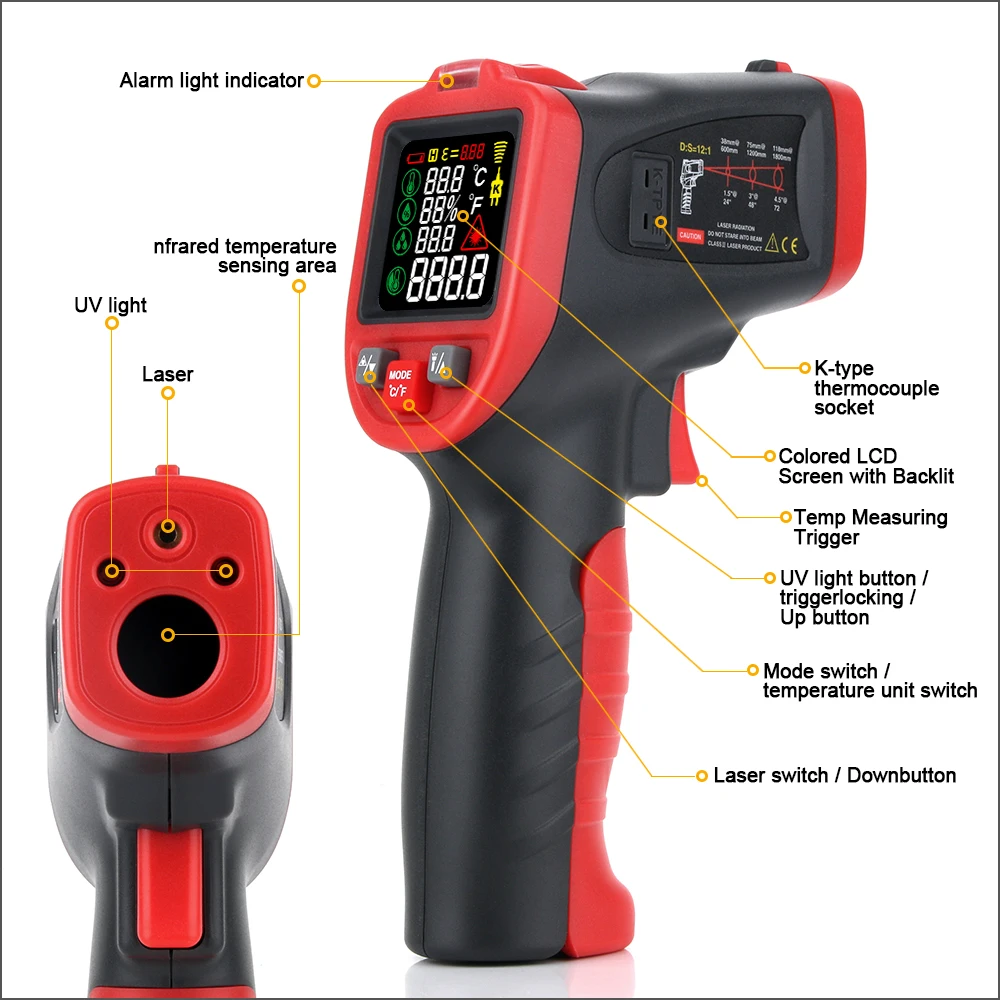 

RZ Infrared Thermometer Non-contact IR Thermometer Gun Laser Temperature Meter Pyrometer Hygrometer Colorful LCD Alarm Digital