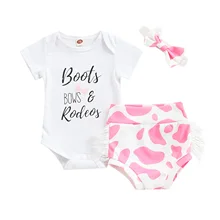 

Kids Baby Clothing Casual Set Letter Short Sleeve Bottom Snap Botton Round Neck Bodysuit Leopard High Waist Shorts Bow Hairband