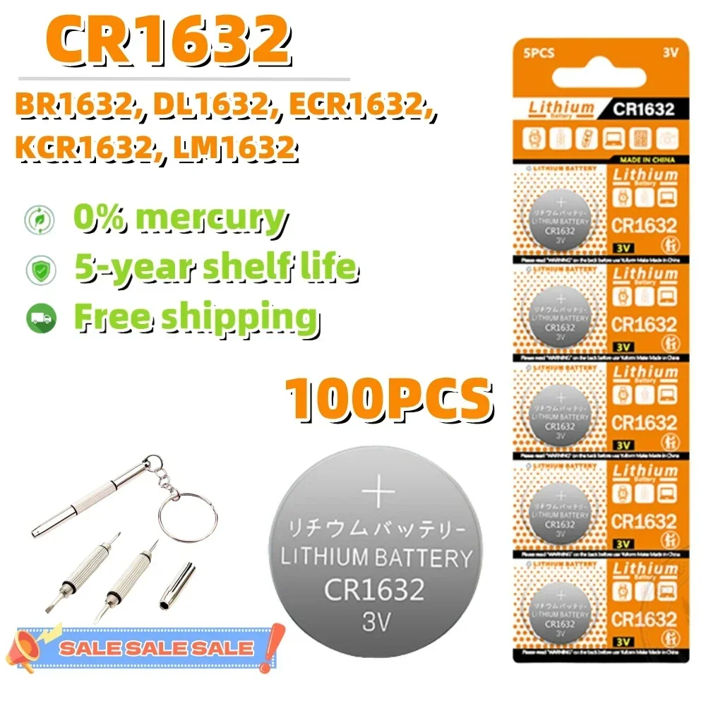 

100PCS 125mAh CR1632 Button cell 1632 ECR1632 DL1632 BR1632 3V Lithium Battery for Watch Clock Remote Control Button Coin Cell