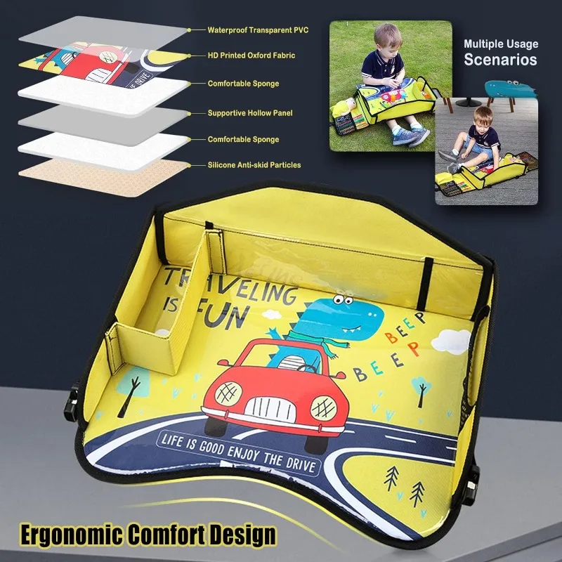 Kids Travel Tray for Toddler & Kids Car Seat Lap Tray for Airplane Carseat Table with Organizer Road Trip Activities