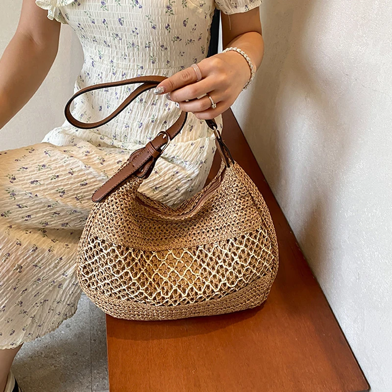 Summer Straw Weaving Shoulder Bag Large Capacity Crochet Beach Handbag Women Handmade Woven Hollow Out Underarm Knitting Bag