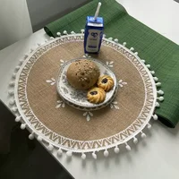 Vintage Pastoral Round Cotton Linen Placemats Handwoven Jute Tassels Placemats Soft Non-slip Table Pads Vase Mats Accessories 6