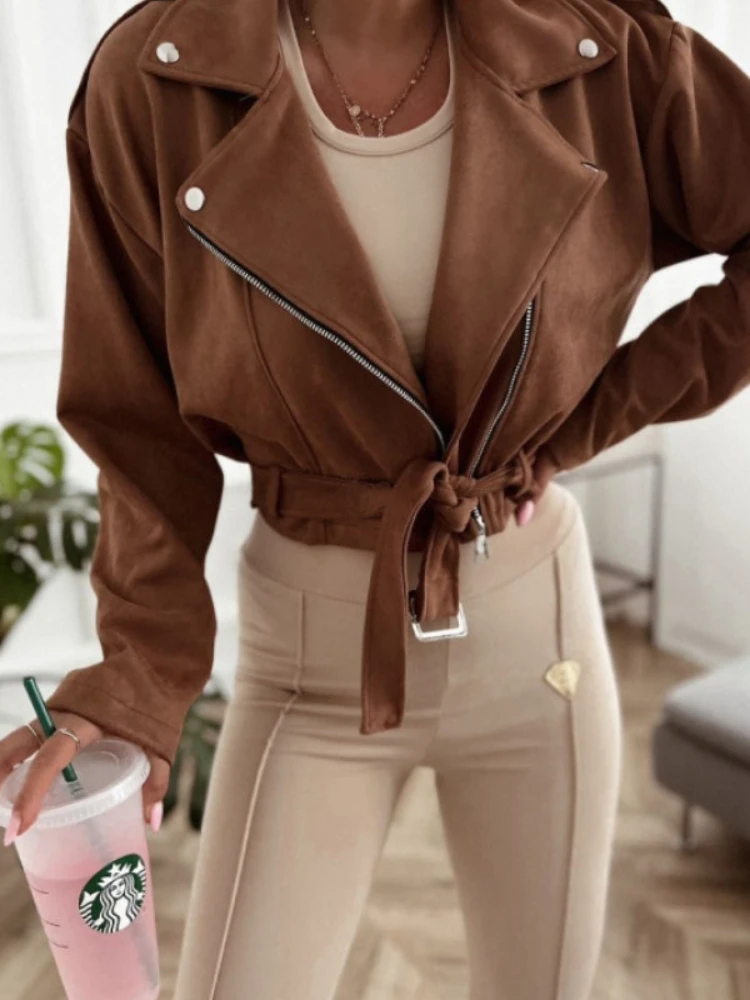 Autumn and Winter New Women's Long-sleeved Lapel Long Sleeved Tie-up Jacket Street Casual Solid Color Zipper Cardigan Short Coat