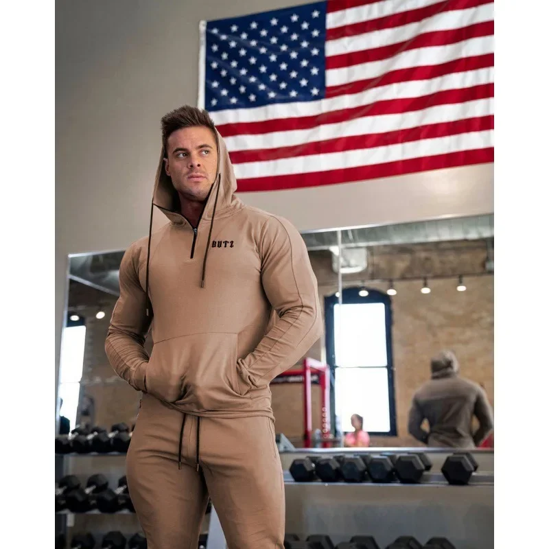 Fall Fitness Hoodie Men's Overhead Gym Running Training Clothes Trendy Brand Half Zip Jacket Comfortable Sportswear Hooded