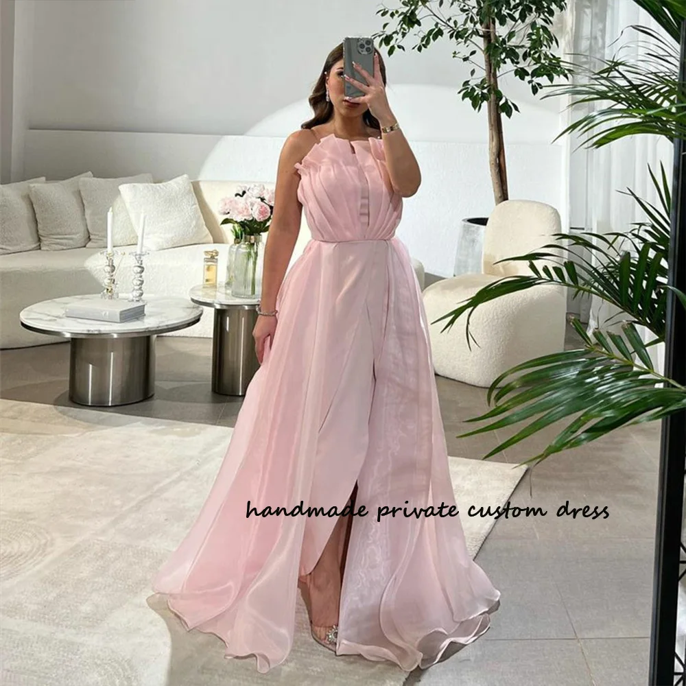 

Baby Pink Organza A Line Evening Dresses Front Split Saudi Arabic Celebrate Prom Dresss Strapless Dubai Formal Gowns