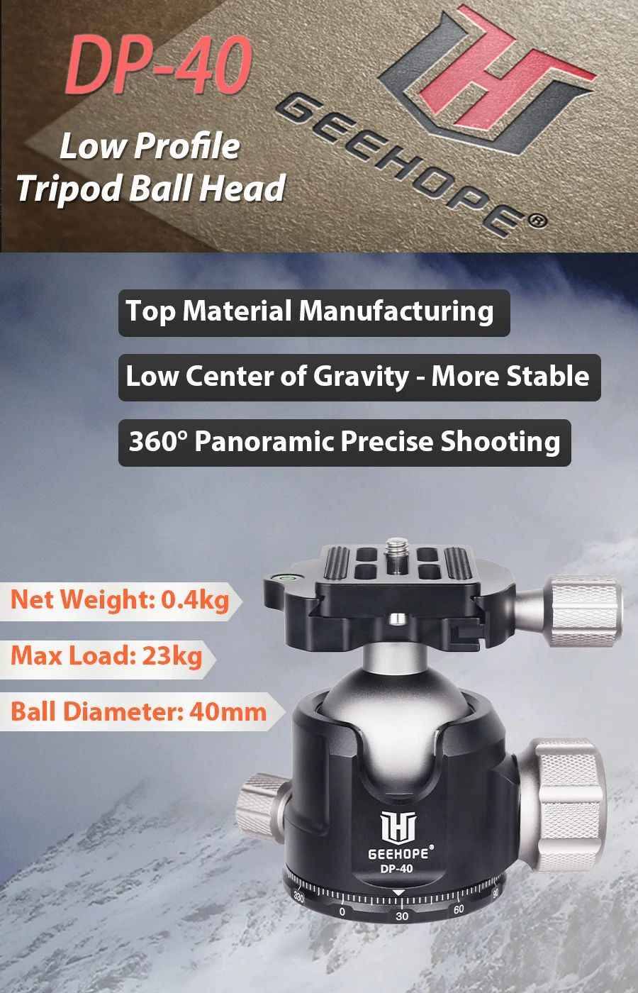 DP-40 40mm CNC 360° Panoramic Ballhead Low Gravity Center Tripod Head Load 23kg
