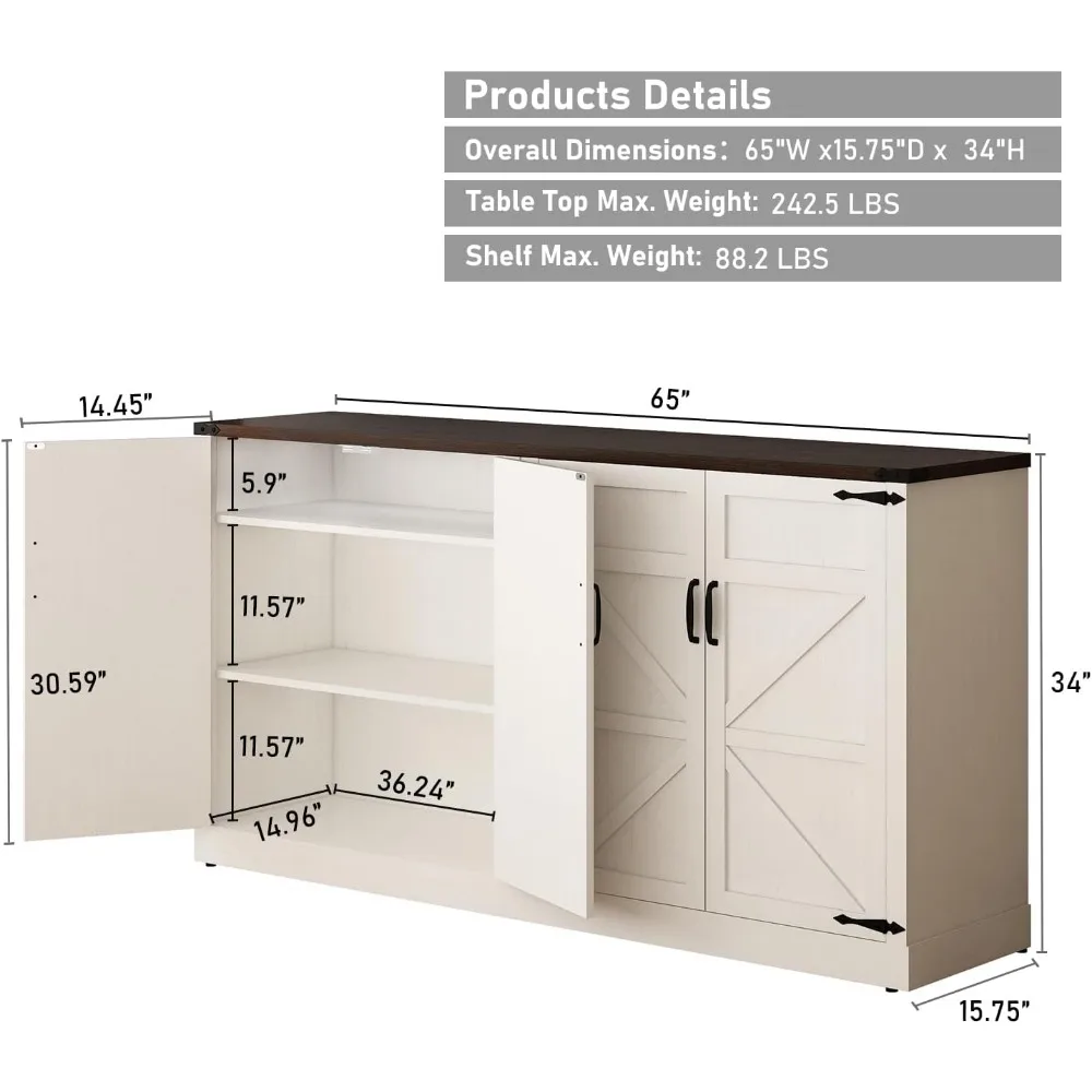 Cabinet with Storage - 65 Inch Farmhouse Kitchen Sideboard Cabinet with Adjustable Shelves 5