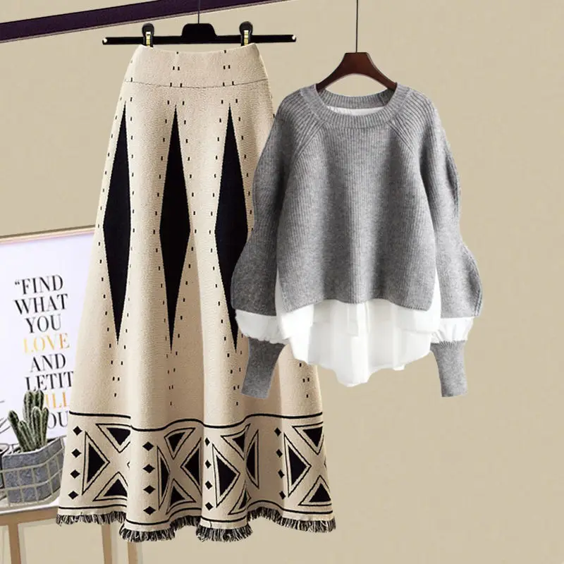 Autumn and Winter Set 2023 Korean Version New Large Knitted Sweater Covering Flesh and Slim Skirt Two Piece Set