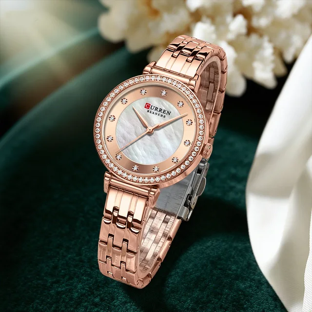 CURREN Luxury Ladies Watch 32mm Slim Dial with Shining Rhinestones Stainess Steel Band lightweight Elegant Dressy Gift