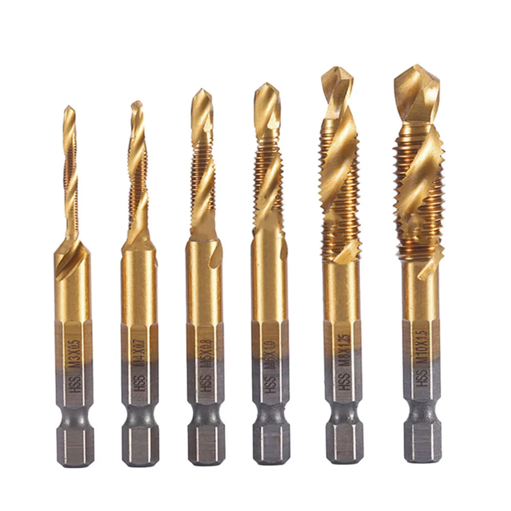 

1PC Titanium Plated Hex Shank HSS Screw Thread Metric Tap Drill Compound Tap M3 M4 M5 M6 M8 M10 Drilling Tap Bits Hand Tool