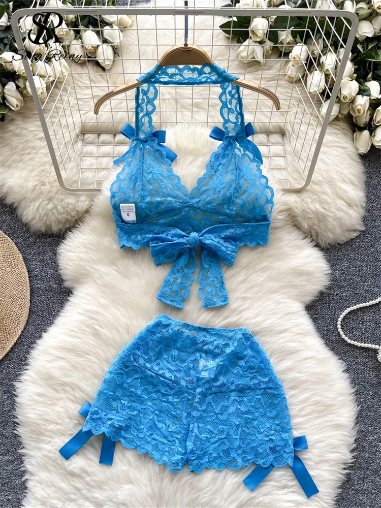 SINGREINY Lace Sheer Sexy Suits Halter V-Neck Bandage Short Tops+Mini  Shorts 2024 Women Backless Bow Hotsweet Two Pieces Sets