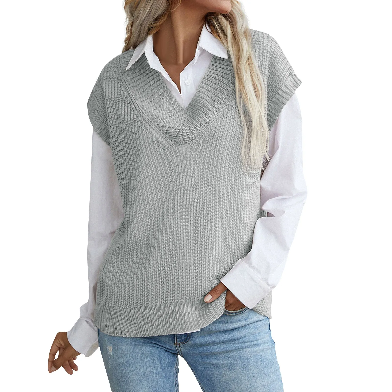 

Clothes for Women Vacation kitten Sweater Casual solid warm v neck sleeveless Classic and Versatile tops Women tops camisetas
