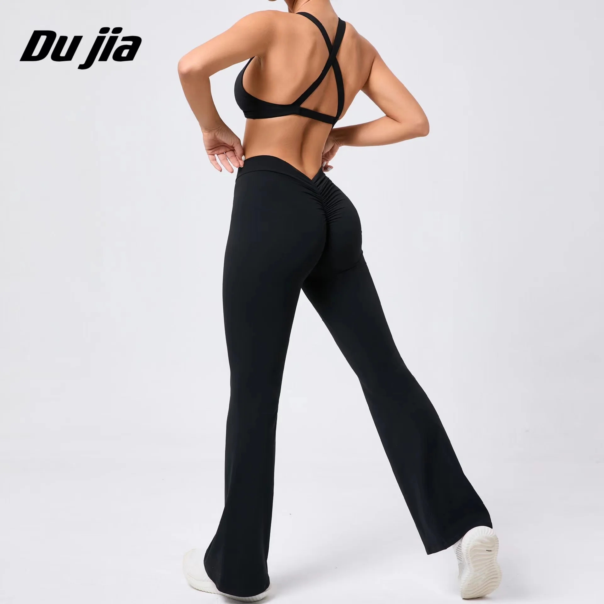 

2 Pieces Yoga Set Women Stretchable Running Sports Fitness Suit Crop Tank Top Bra & Back V Waist Flared Leggings Gym Sportwear