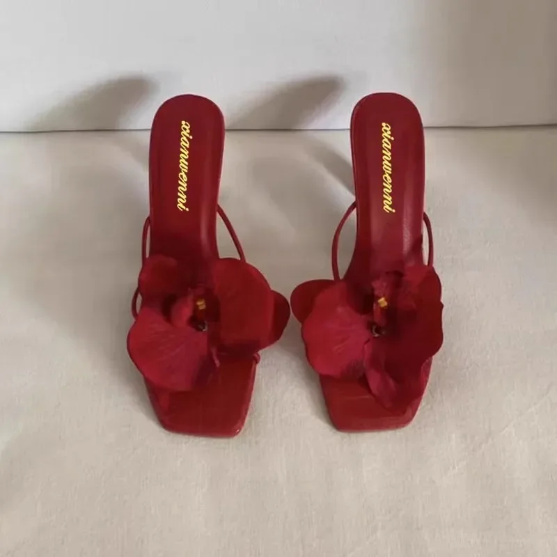 Brand Shoes Female 2024 Summer New Elegant Flowers Design Women's Slippers Casual Fashionable Outer Wear High Heel Slides Women 5