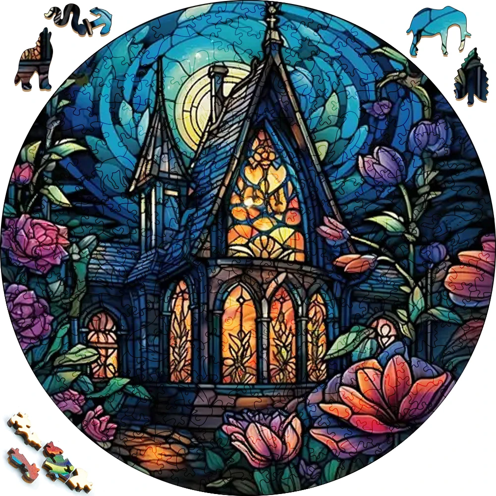 Beautiful Wooden Puzzle painted Flower Dark Castle Funny Toy Halloween Wood Puzzles Smart Game Round Shaped Jigsaw Puzzle
